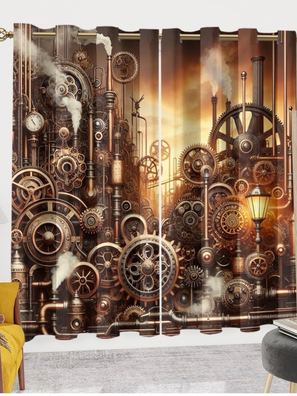 Vintage Steampunk Gears print, blackout curtains, 42w x84l (2 panels)